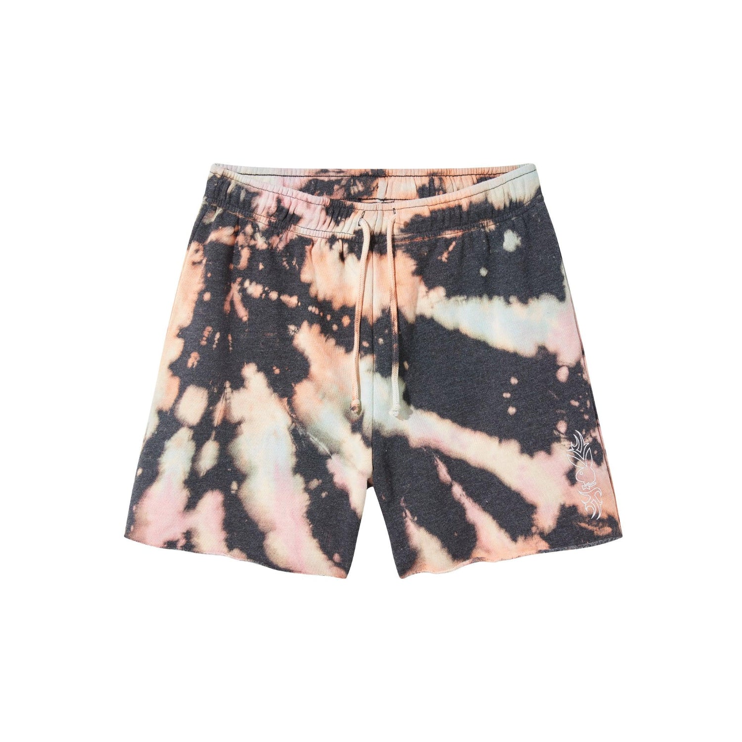Women's tie-dye grunge sweatshorts with pastel and black pattern, drawstring waist