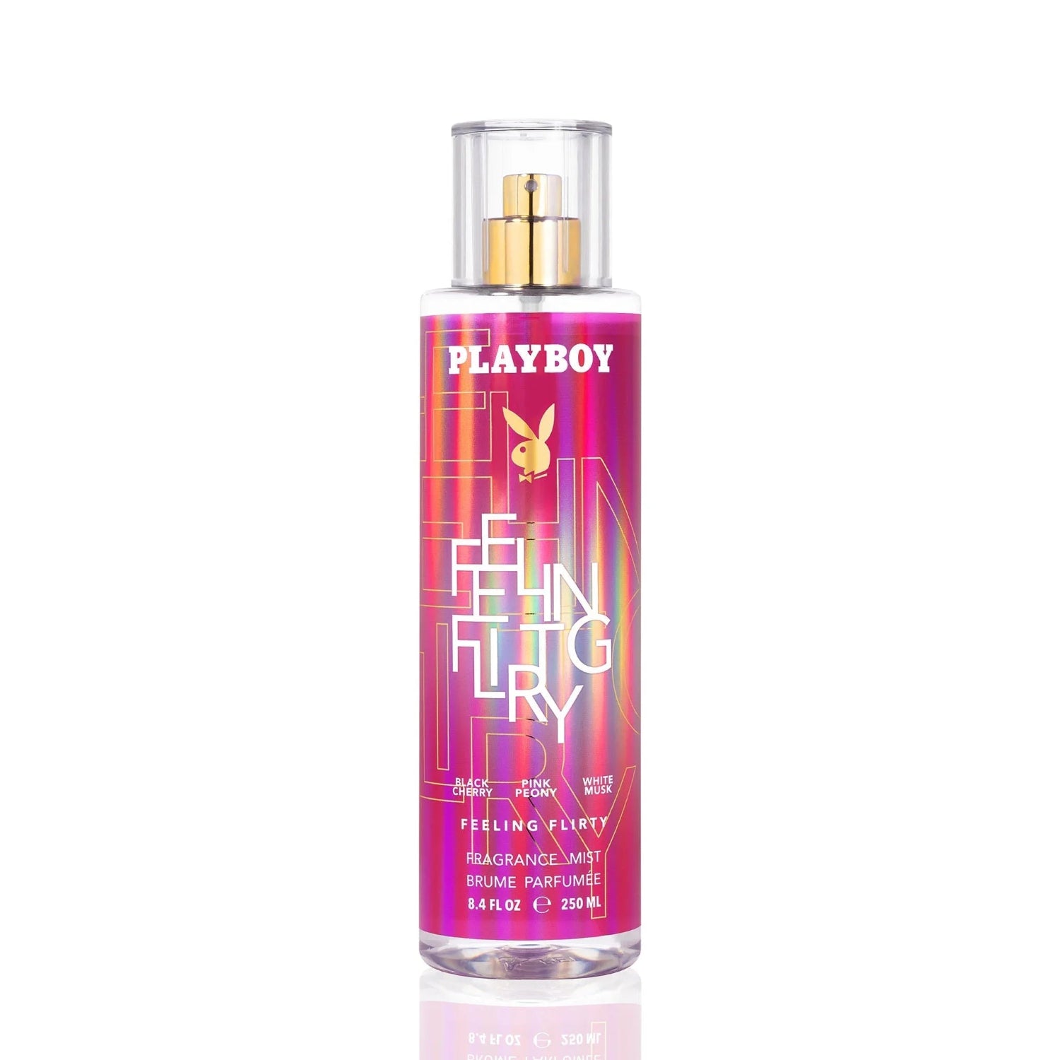 Feeling Flirty body mist spray bottle with pink and gold holographic label