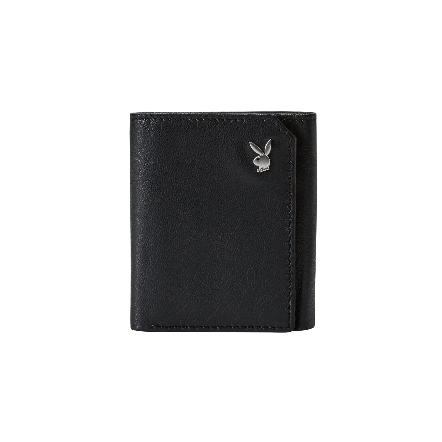 Men’s black leather trifold wallet with silver bunny emblem