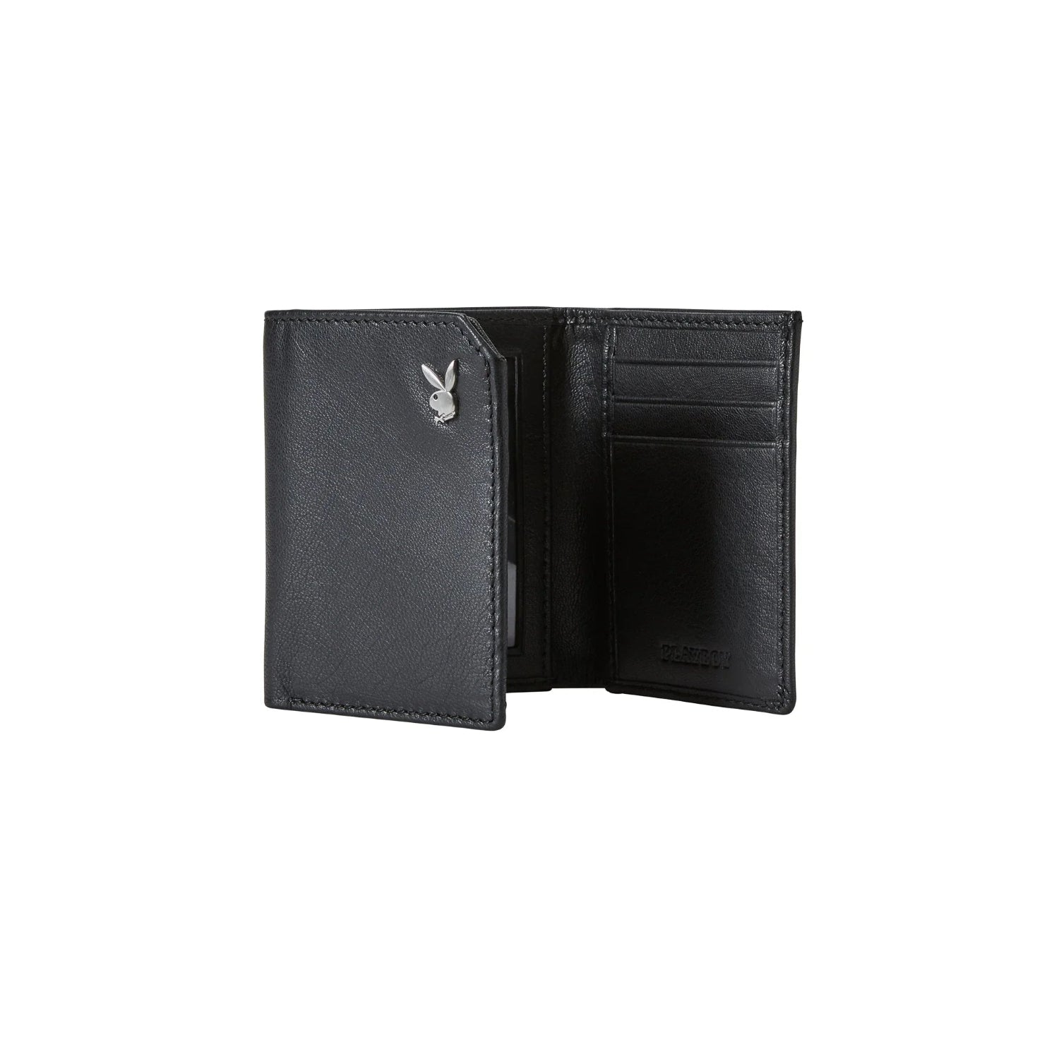 Men's black trifold leather wallet with bunny logo, credit card slots and ID window