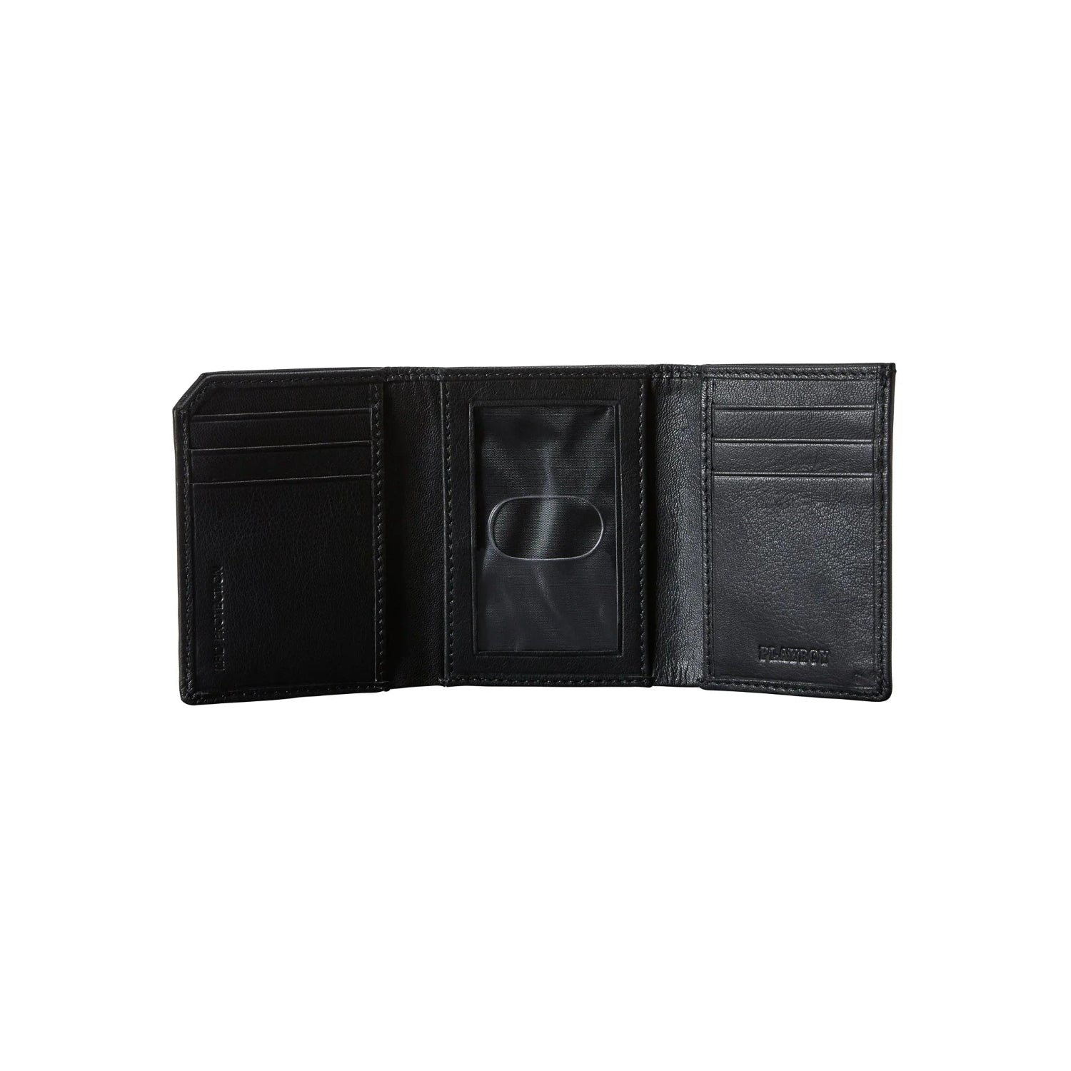 Men's black leather trifold wallet open with card slots and ID window on white background