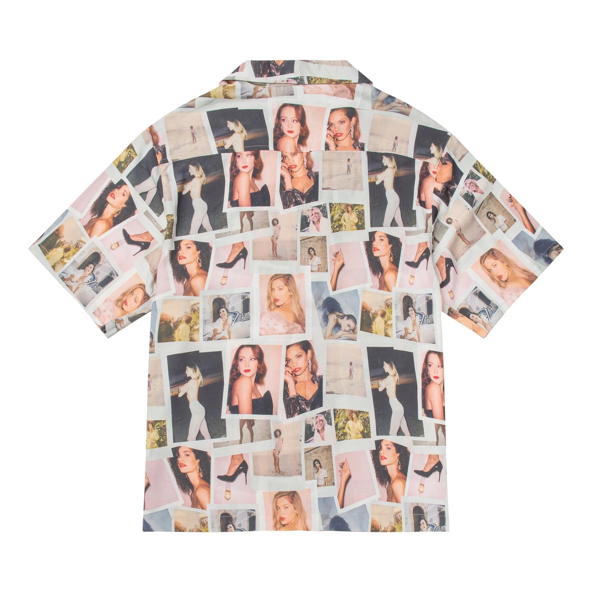 Men's short-sleeve camp shirt with Polaroid-style collage print featuring models and retro visuals.