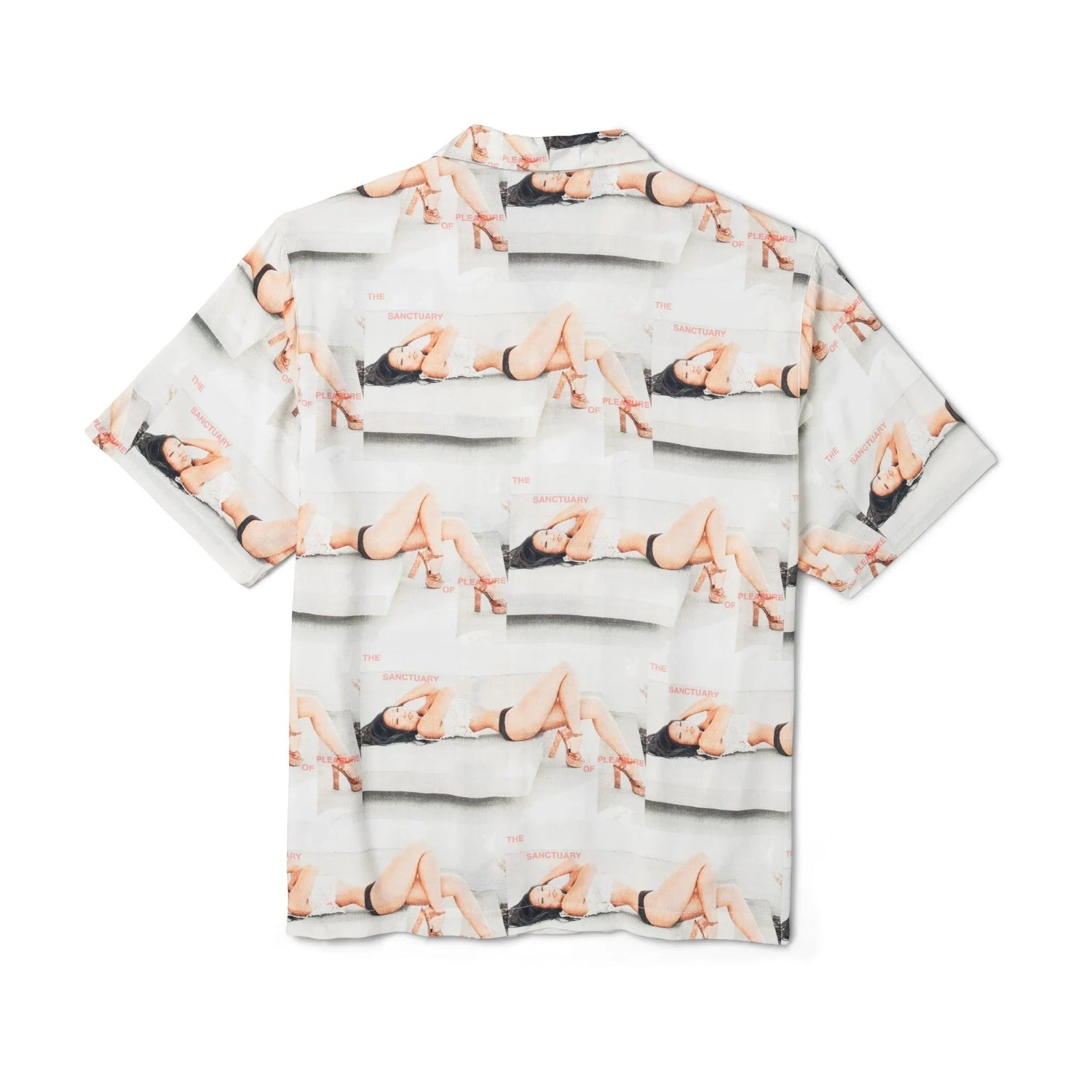 Men's camp shirt featuring a collage print of a reclining woman in black lingerie on a couch.