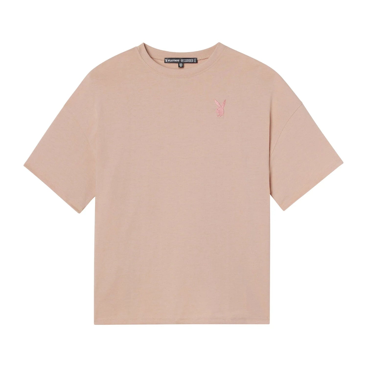 Women's oversized beige t-shirt with small pink bunny logo on the chest