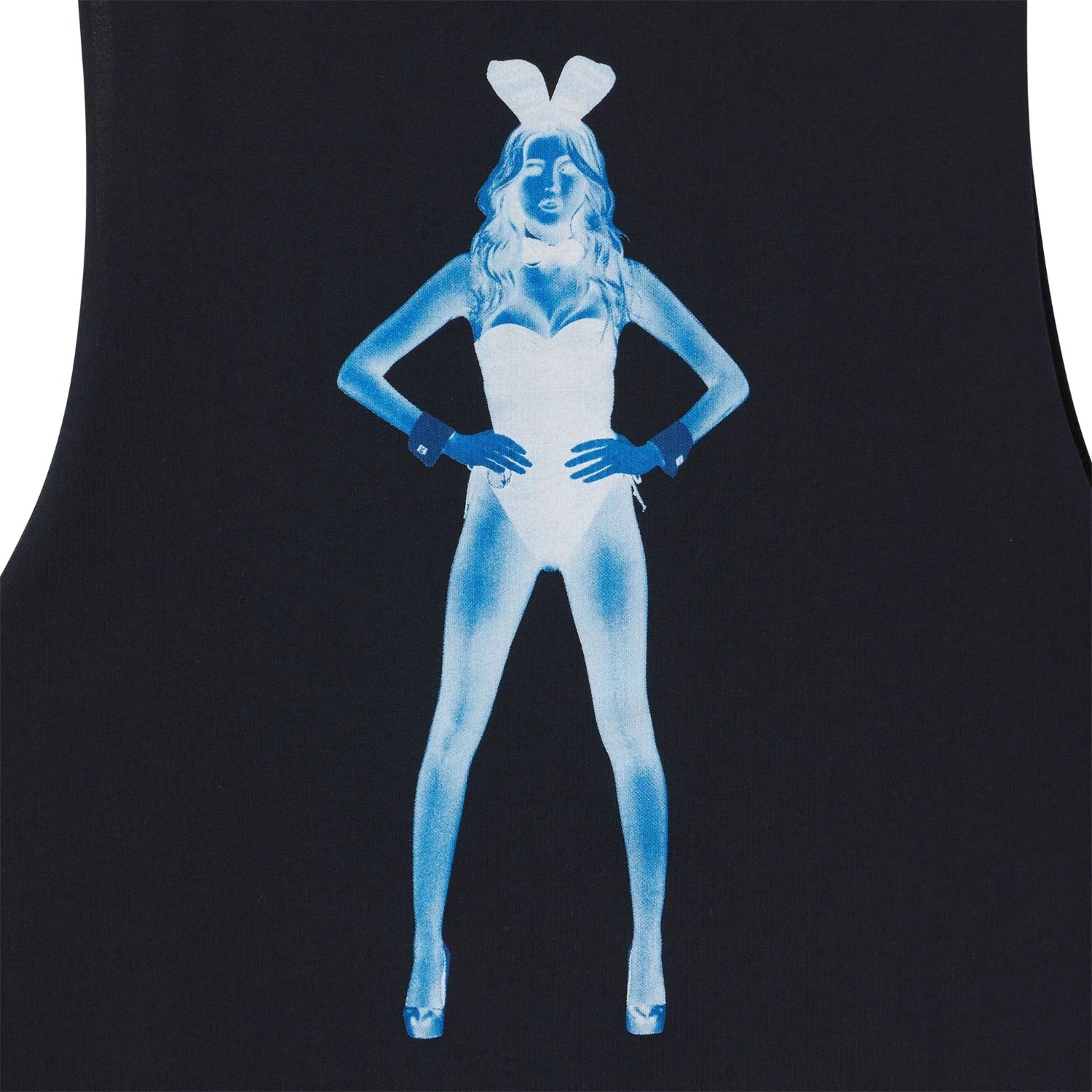 Black muscle tank featuring blue x-ray style graphic of a woman in a bunny costume.