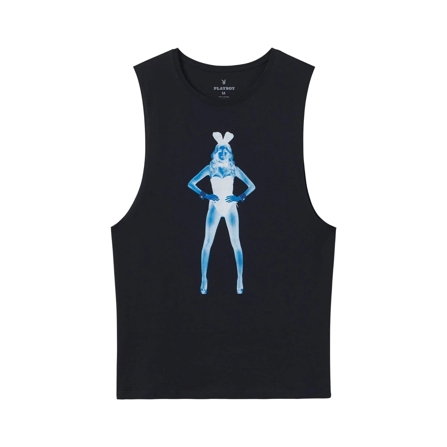 Black muscle tank top with blue x-ray style graphic of a woman in bunny ears