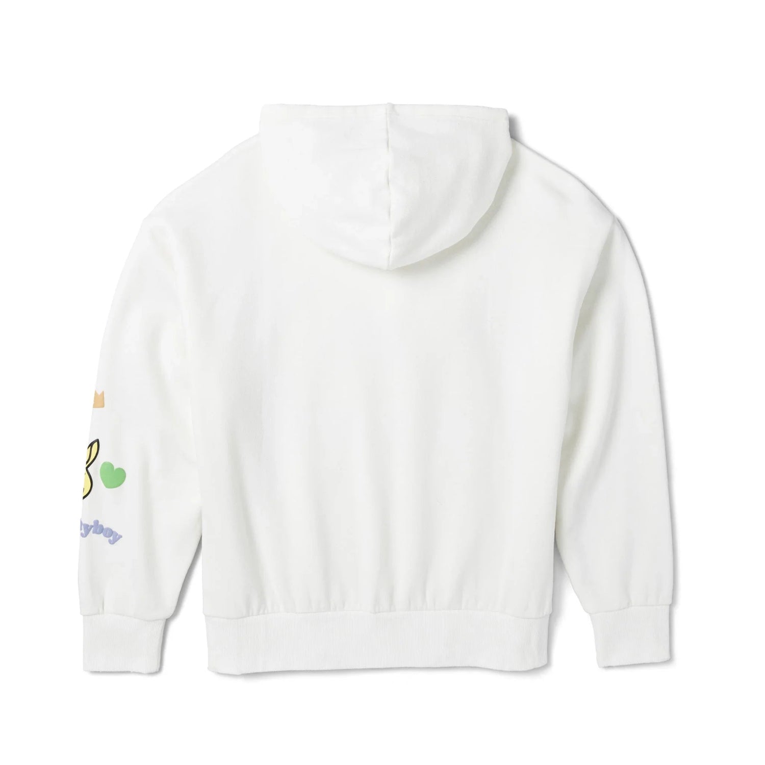Back view of white women's hoodie with colorful beaded sleeve accents