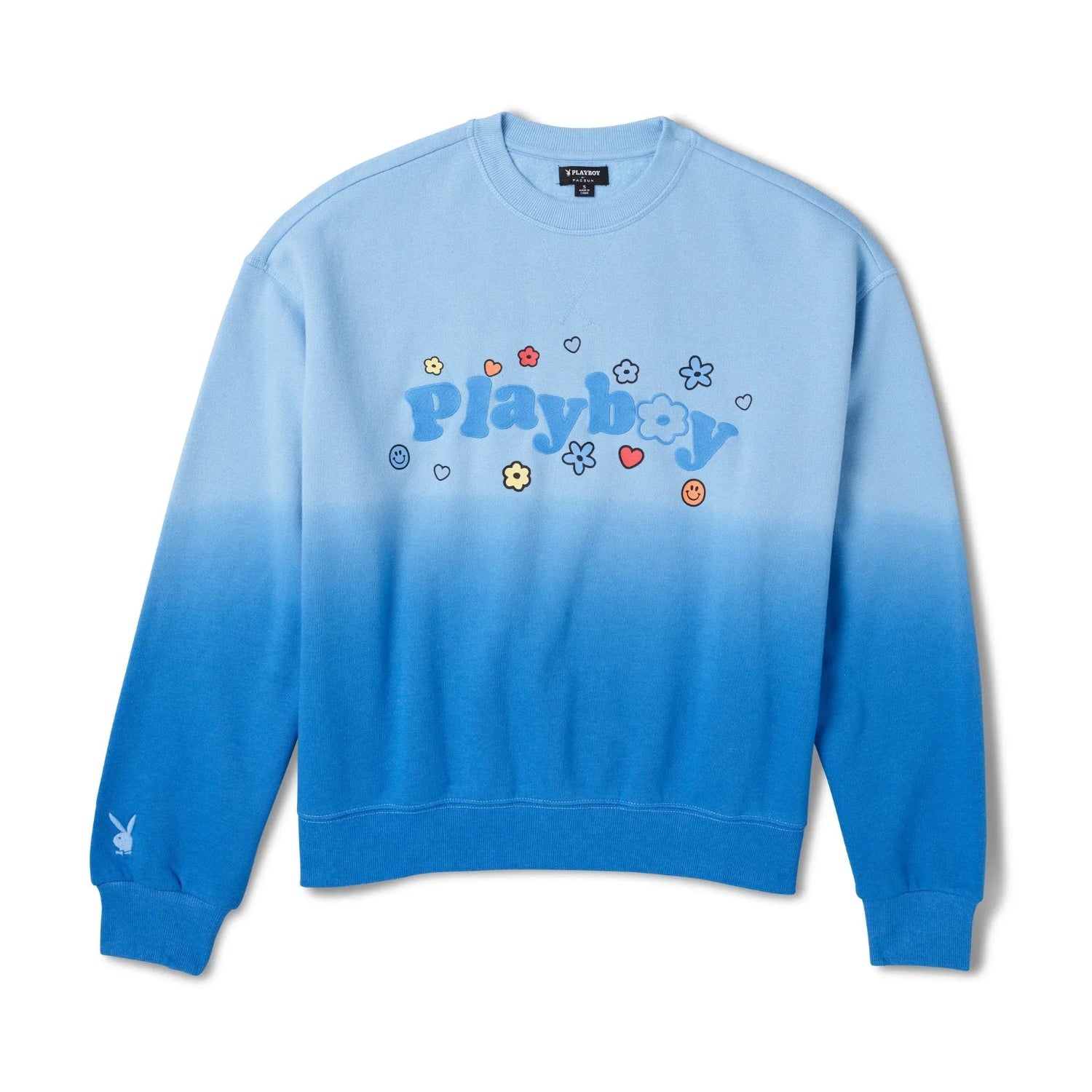 Blue ombre women's crew neck sweatshirt with playful flower, heart, and smiley graphics