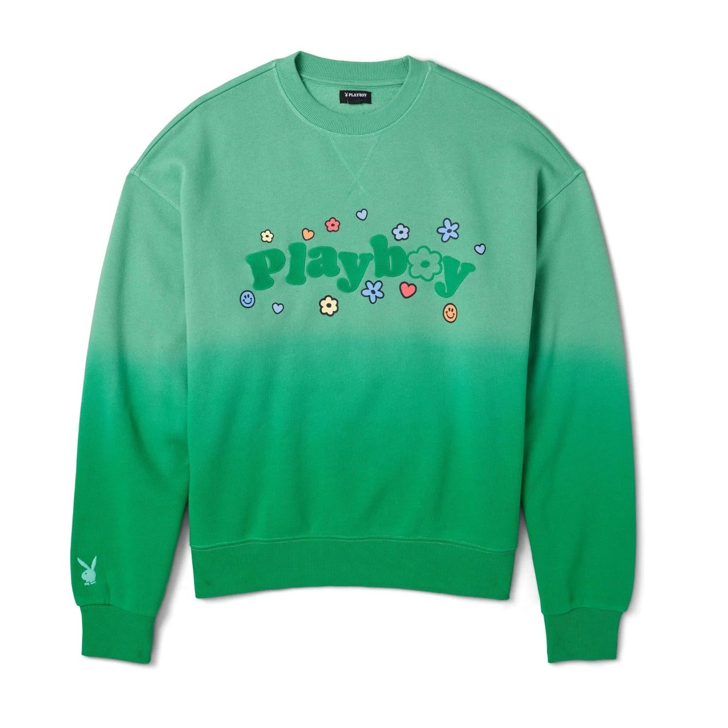 Green ombre crew neck sweatshirt with playful floral and smiley graphics, women's casual apparel.