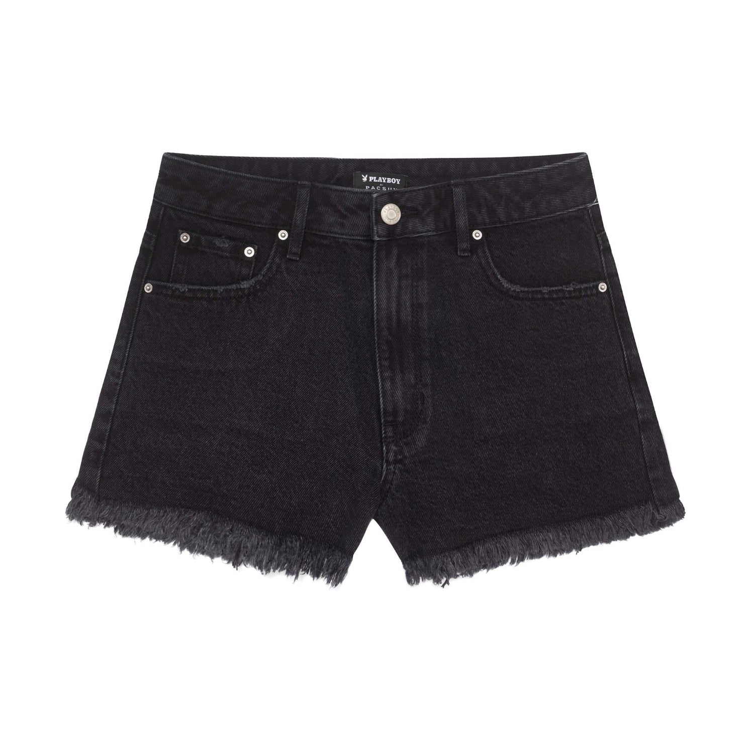 Black high-rise women's denim shorts with frayed hems, five-pocket style, laid flat on white background.