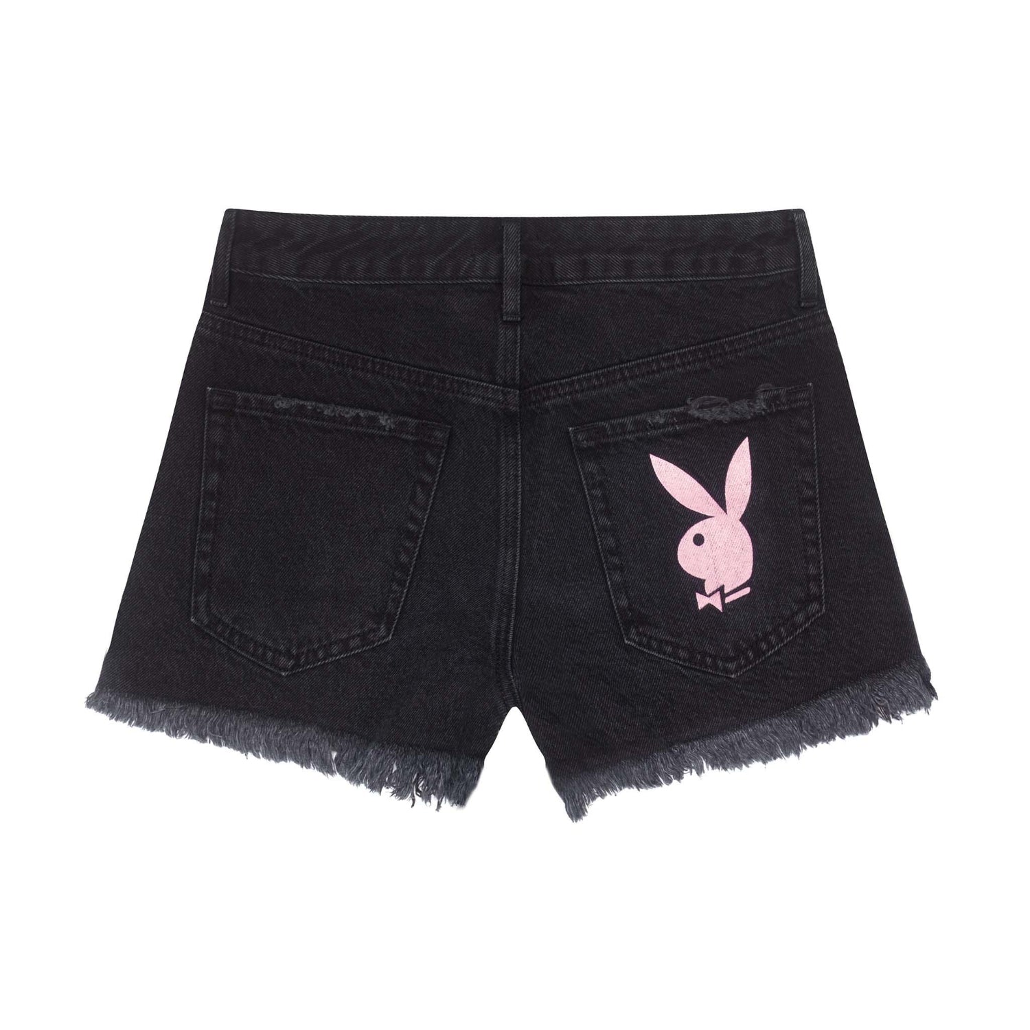 Black high-rise denim shorts with raw hem and pink bunny logo on back pocket