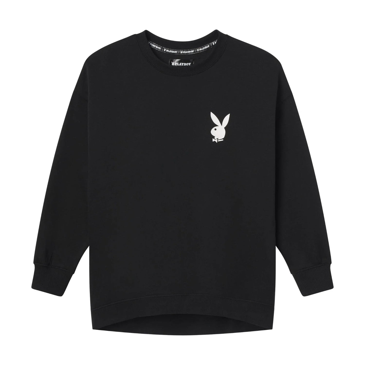 Black women's crewneck sweatshirt with white bunny logo on chest, long sleeves, flat lay