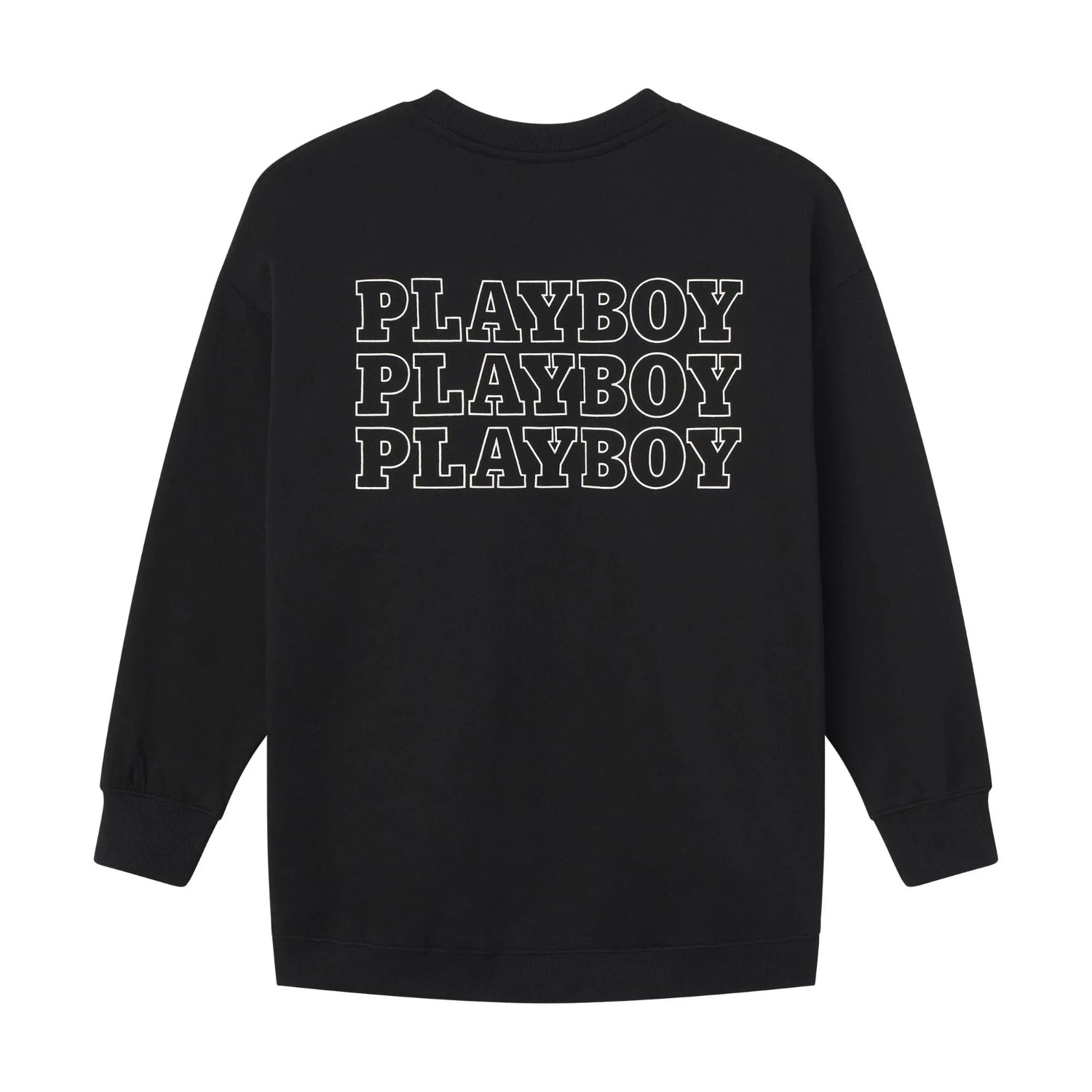Black women's crewneck sweatshirt with bold PLAYBOY graphic repeated on the back
