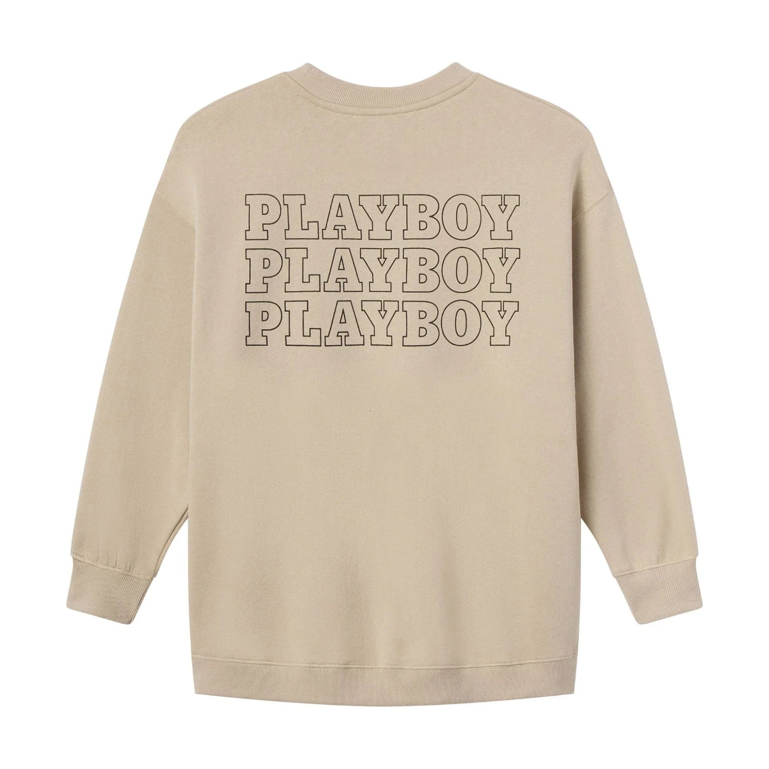 Beige women's crewneck sweatshirt with triple PLAYBOY graphic on back