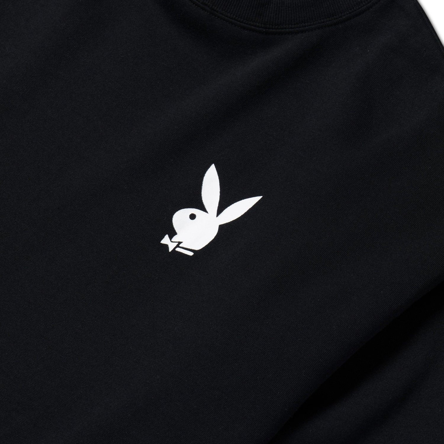 Black women's crewneck sweatshirt with white bunny logo on chest