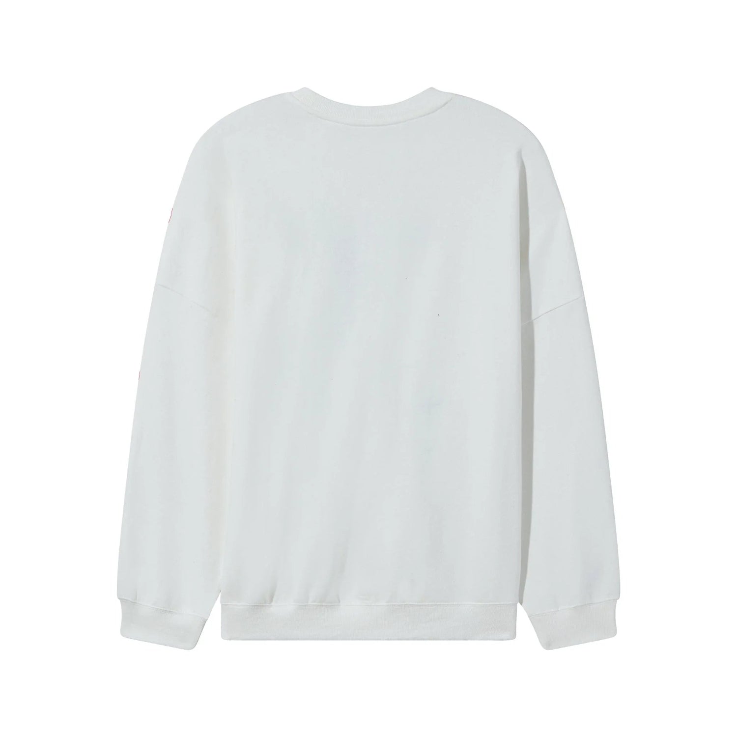 Back view of a women's white crewneck sweatshirt on white background
