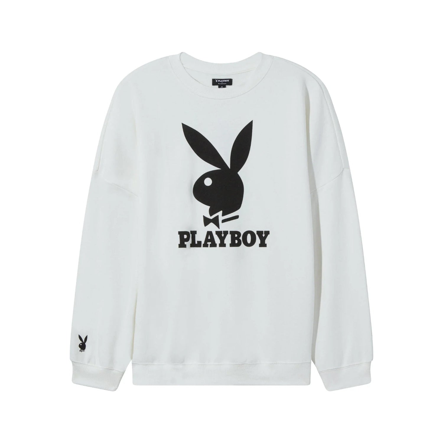 White women's crewneck sweatshirt with black bunny logo and bold text on front