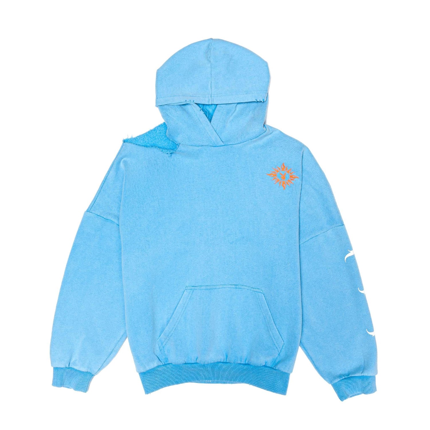 Light blue women's hoodie with front pocket, orange sun logo, and white sleeve graphic