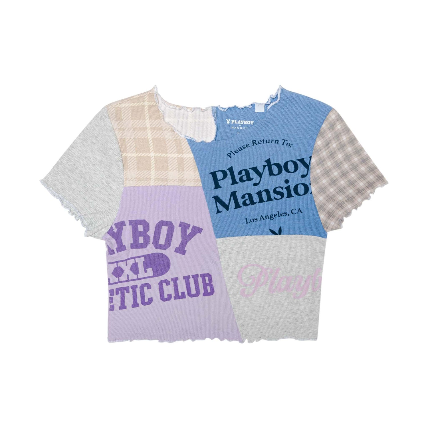 Women's patchwork crop baby tee with mixed patterns, text prints, and raw edge details