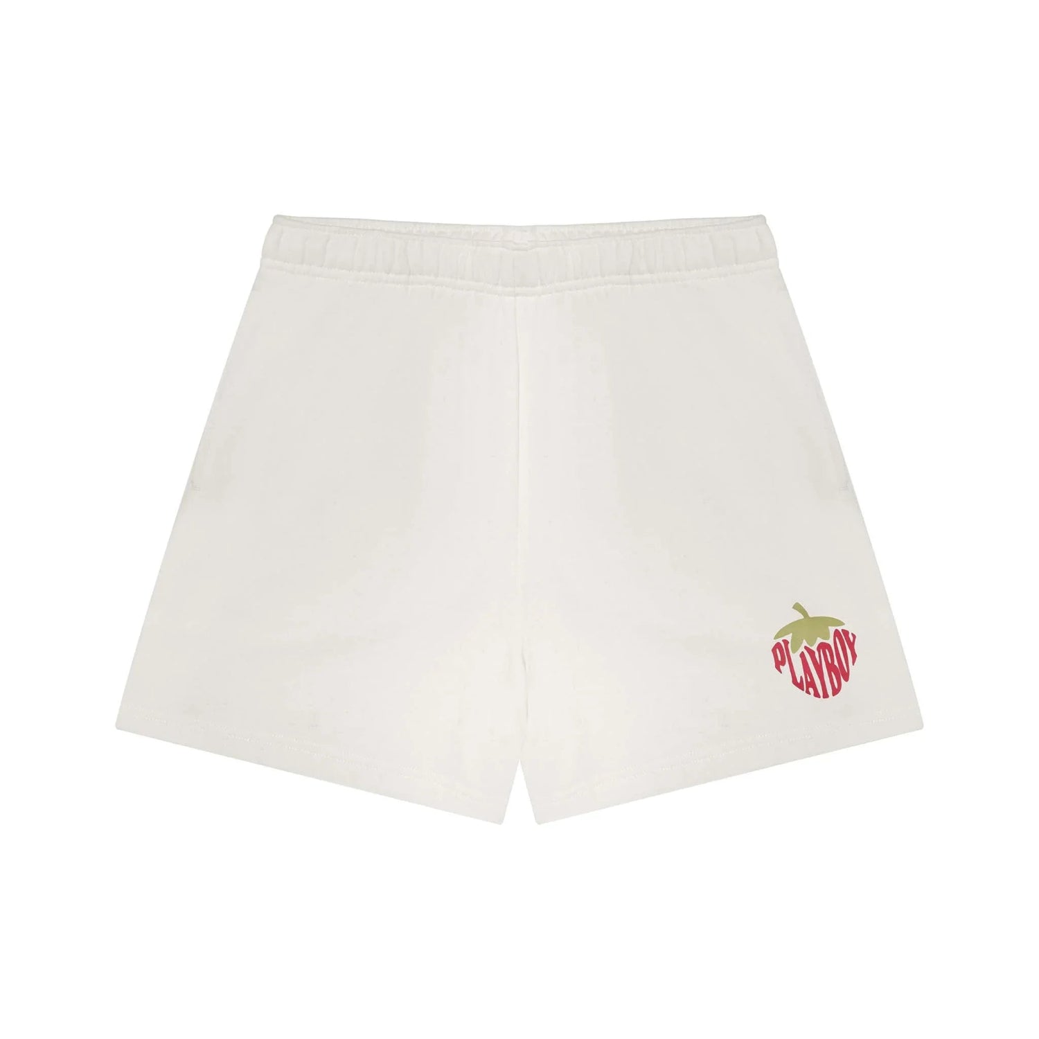 White women's boyfriend sweatshorts with red strawberry graphic and elastic waistband